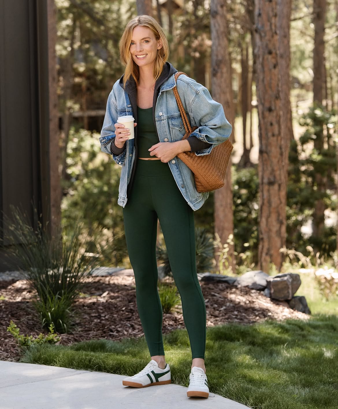 Athleisure Layers: Denim Jacket, Sports Bra & Leggings