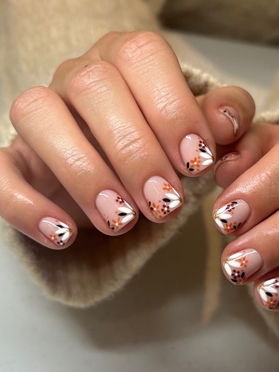 Autumn Floral French Tip Short Square Nails