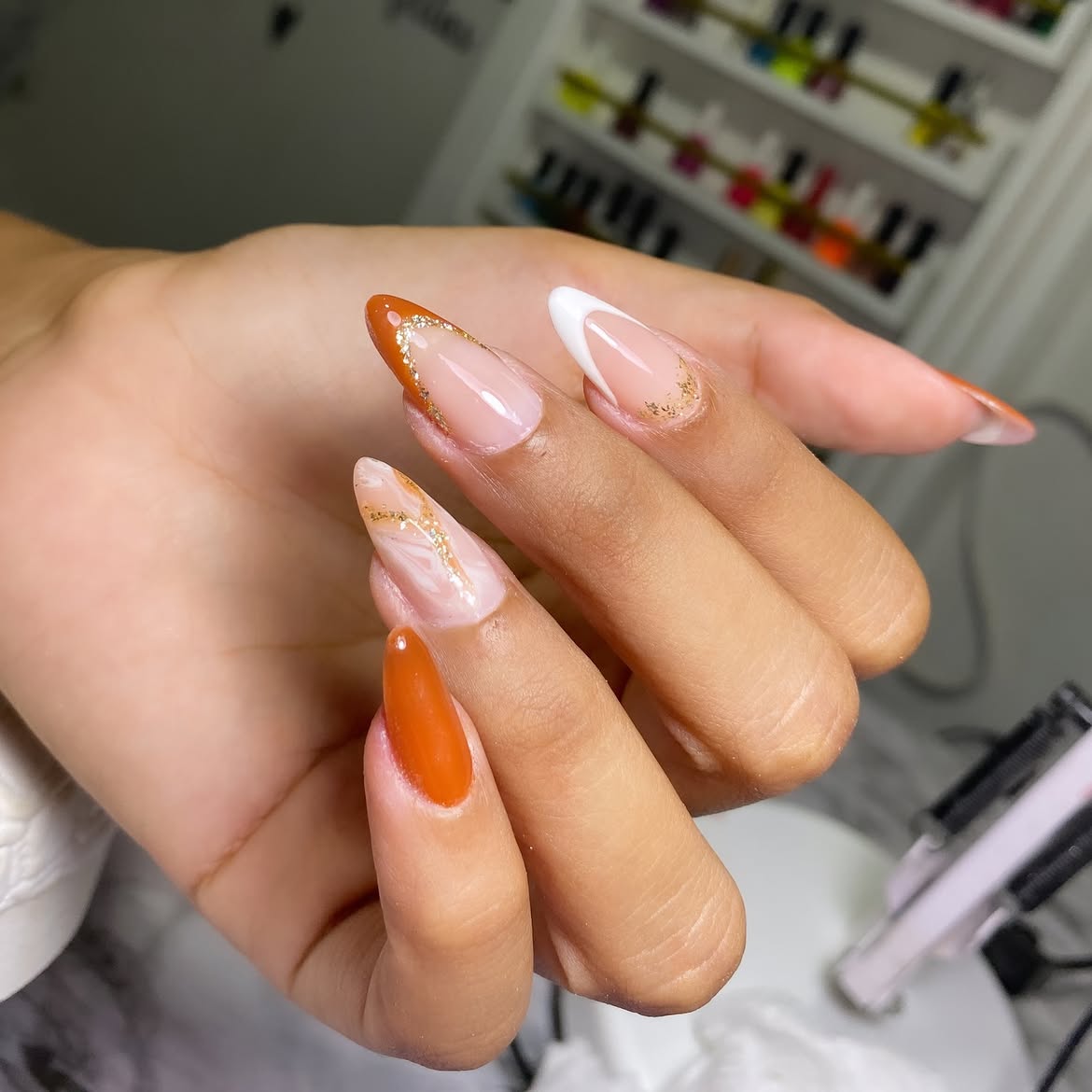 Autumn French Ombre Marble Nails with Gold Accents