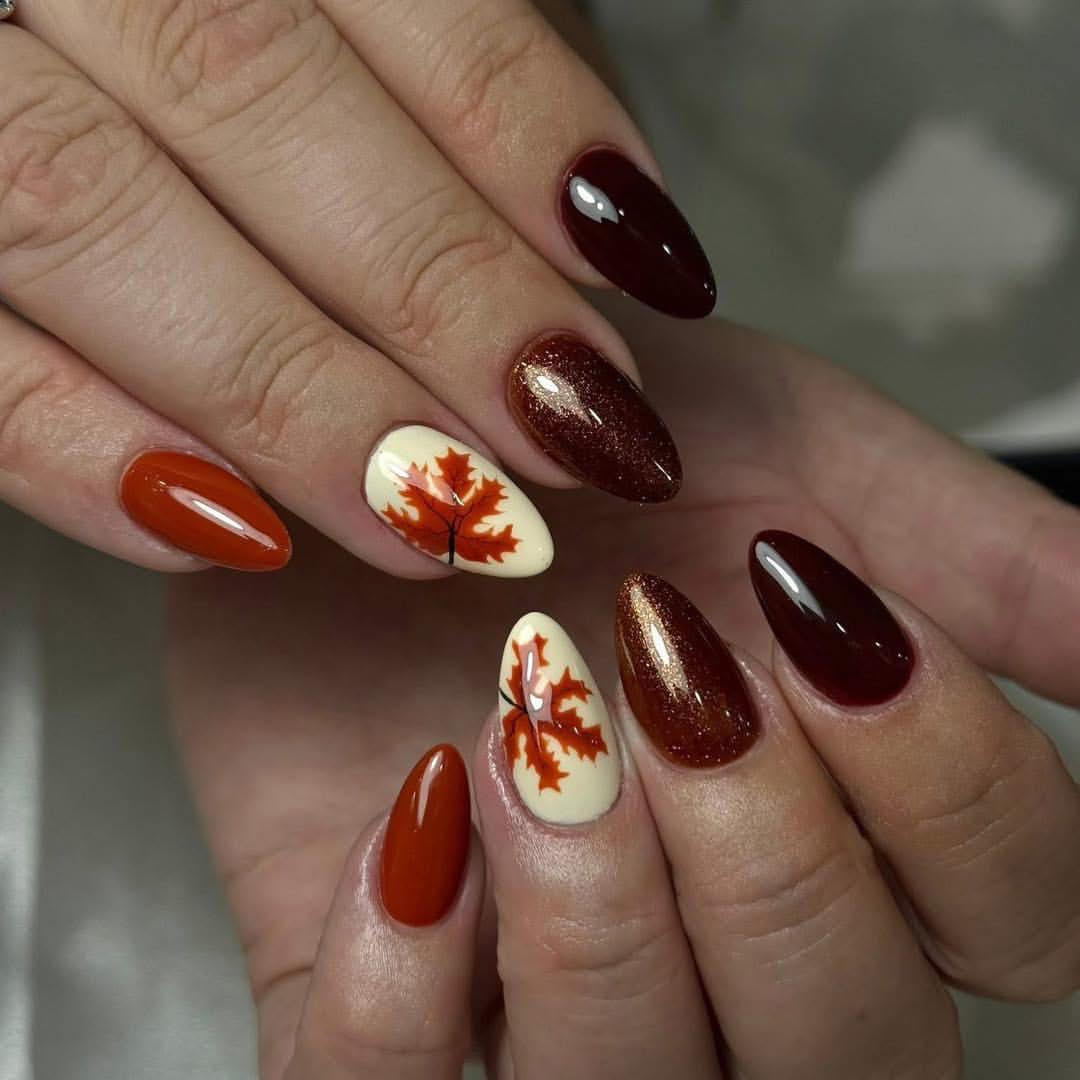 Autumn Leaf Accented Almond Nails
