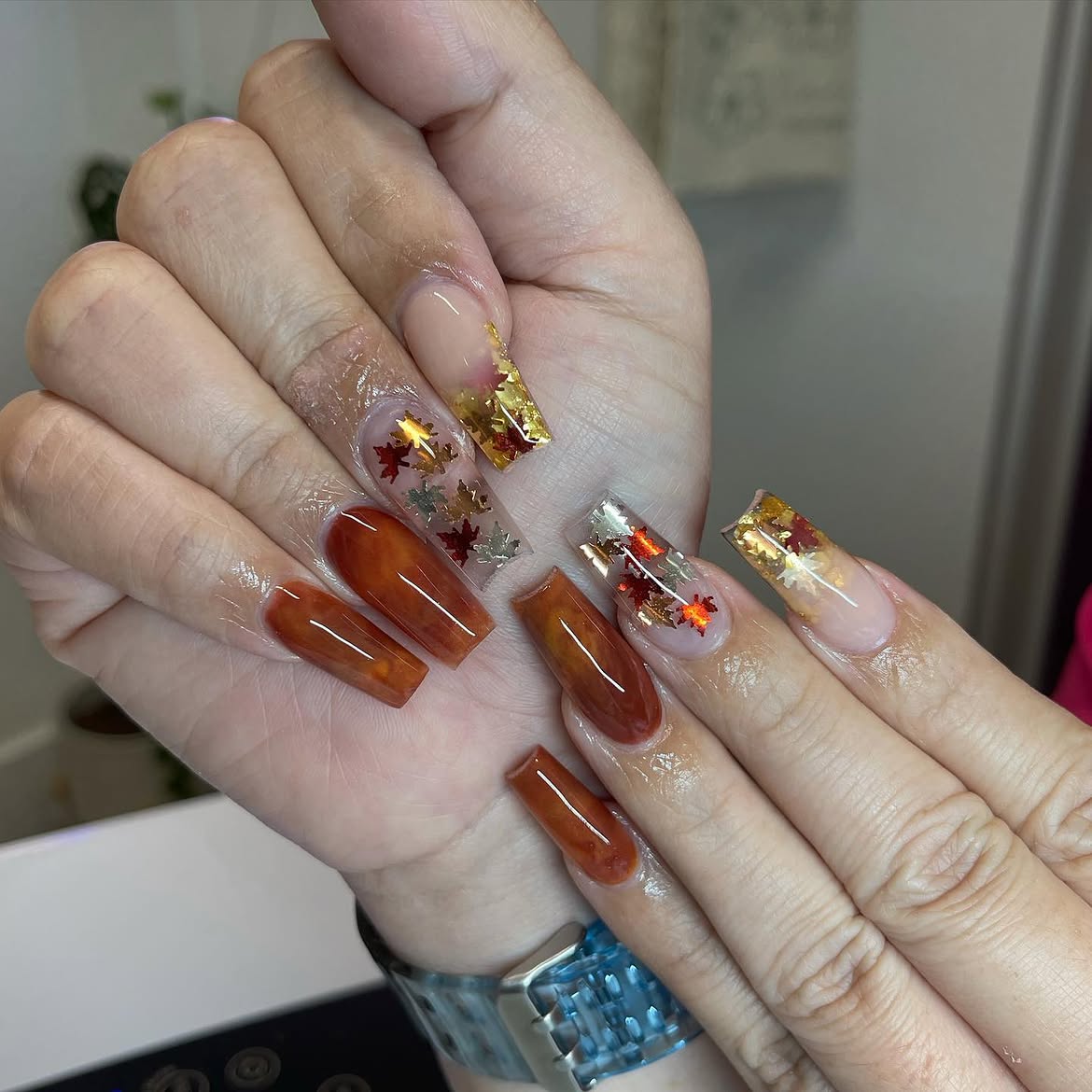 Autumn Leaf Accented Amber and Clear Coffin Nails
