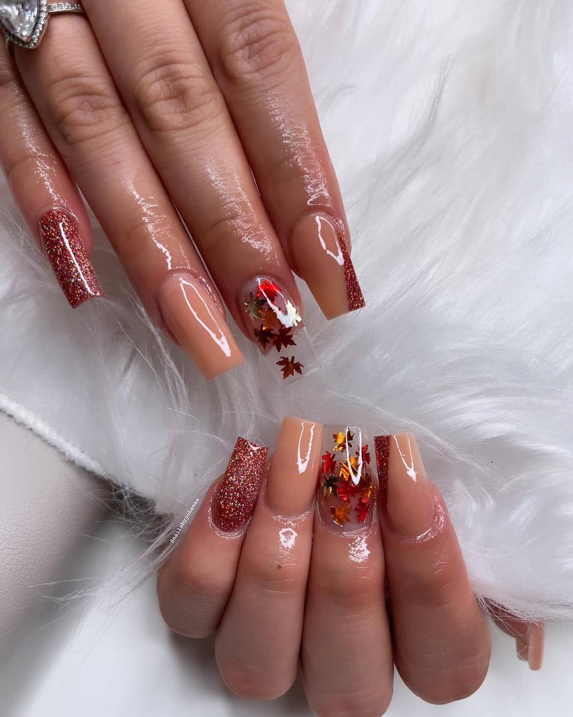 Autumn Leaf Glitter Ombre Square Nails