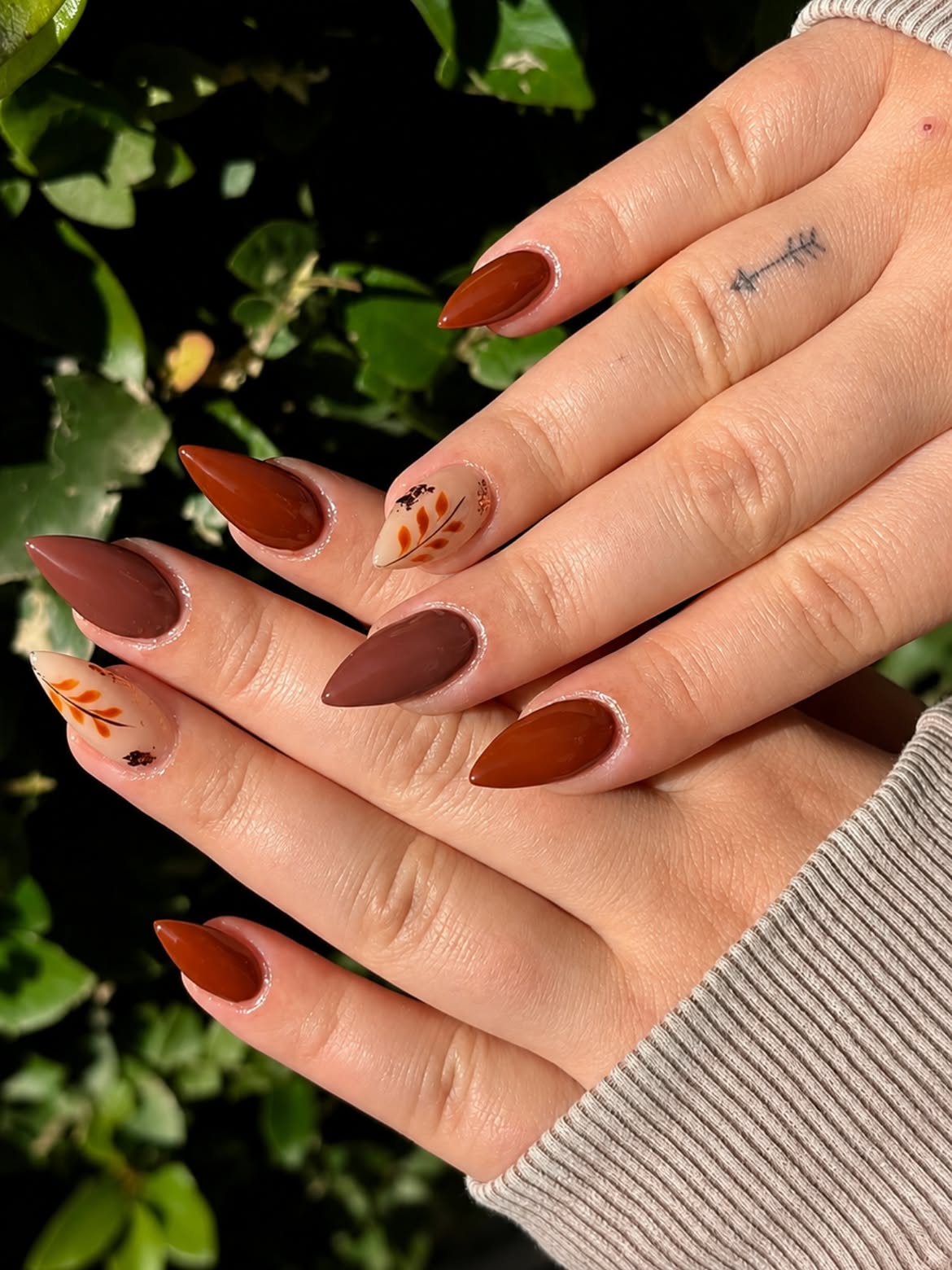 Autumn Leaf Matte and Glossy Almond Nails