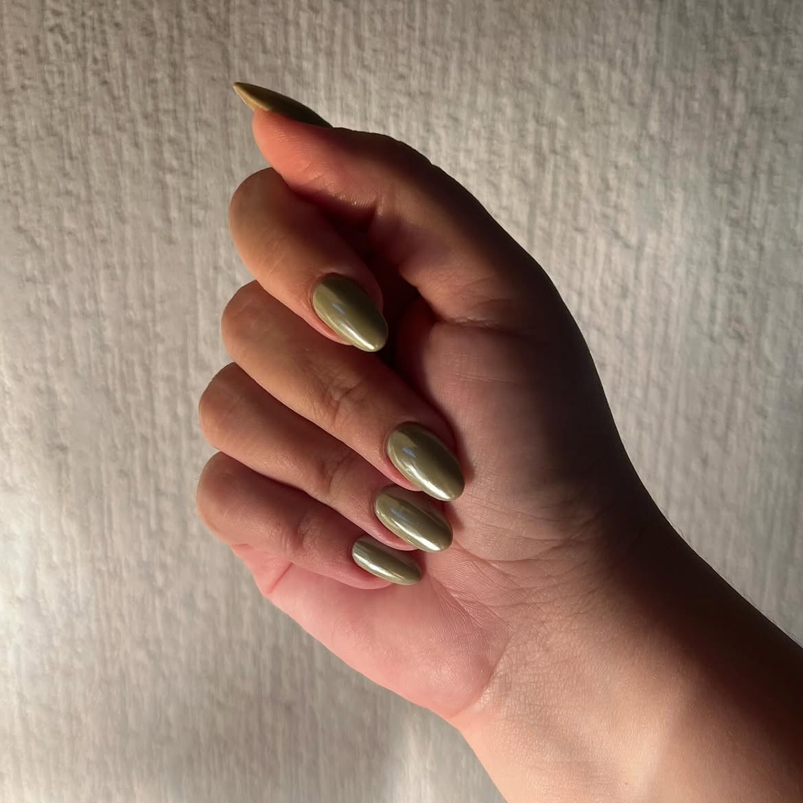 Autumn Olive Metallic Almond Nails