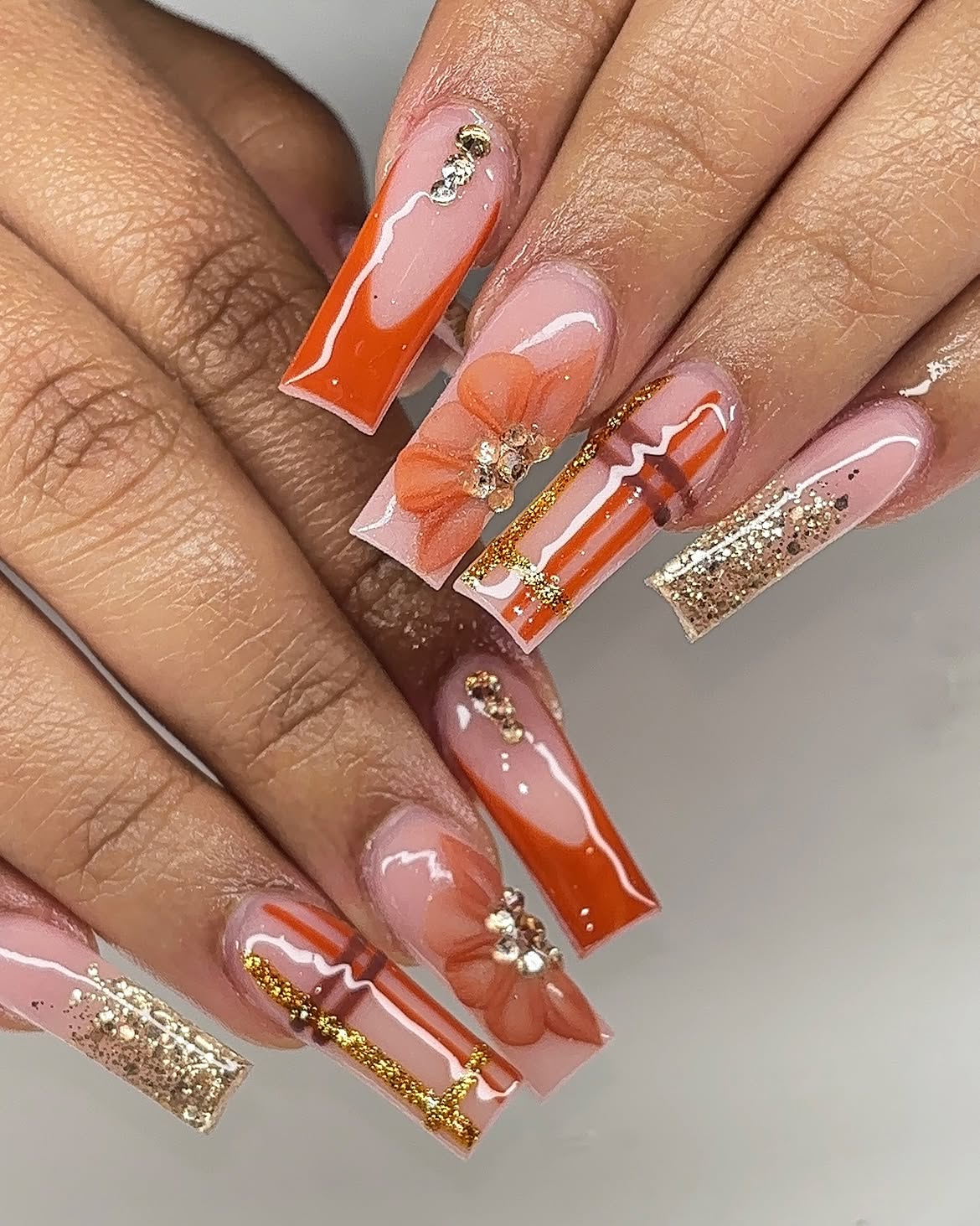 Autumn Orange & Gold Plaid Coffin Nails