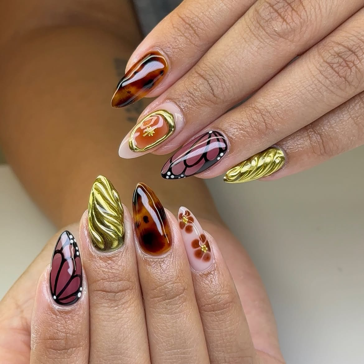 Autumn Tortoiseshell Butterfly Almond Nails
