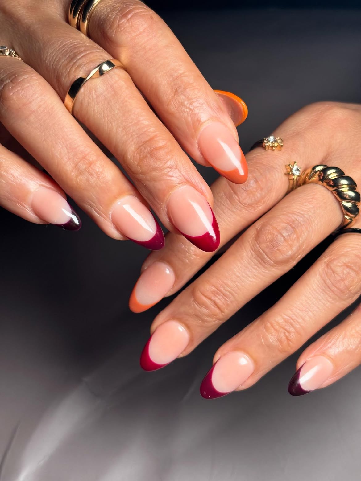 Autumnal Dual French Tip Almond Nails
