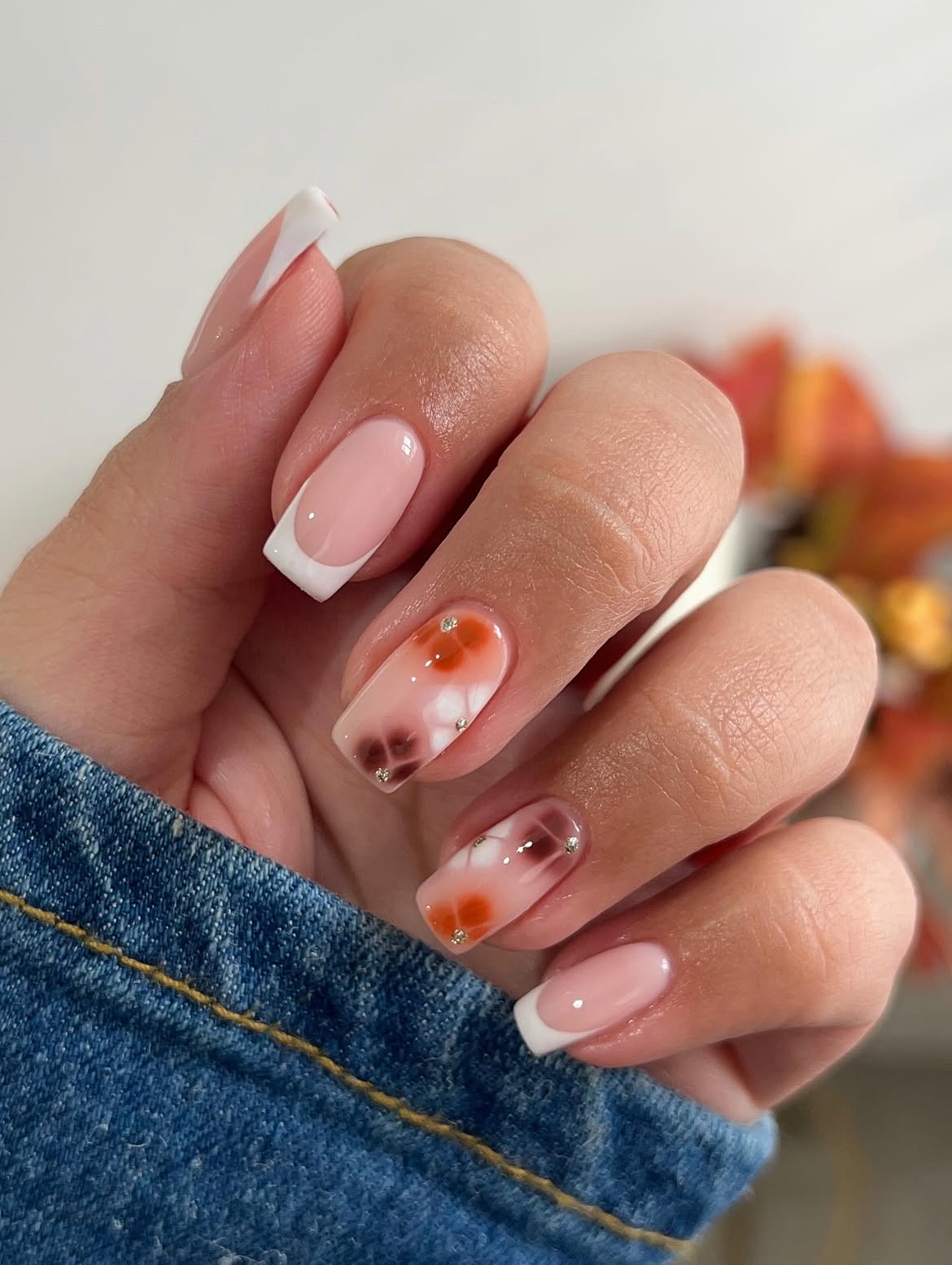 Autumnal Gradient French Tip Nails with Florals