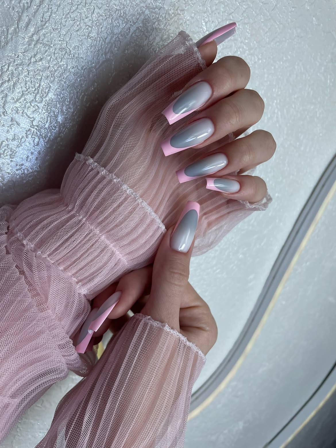 Baby Pink and Gray Ombre French Tip Coffin Nails