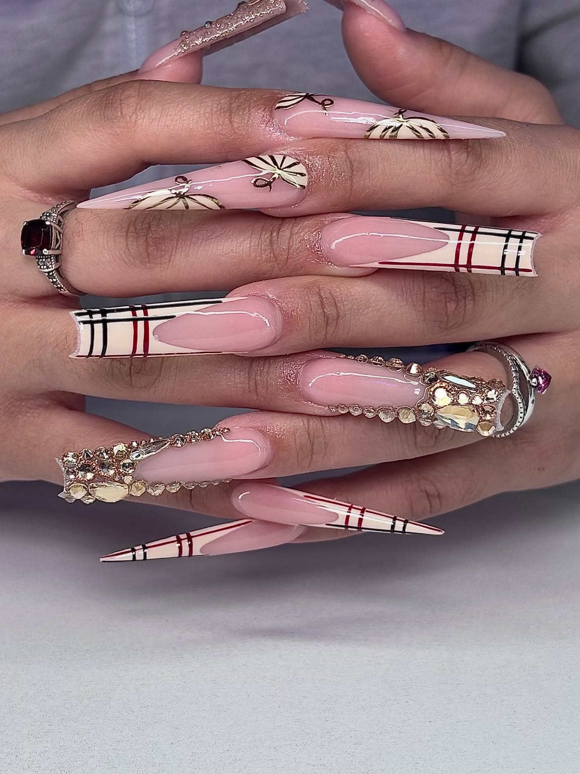 Barbiecore Plaid Stiletto French Tip Nails