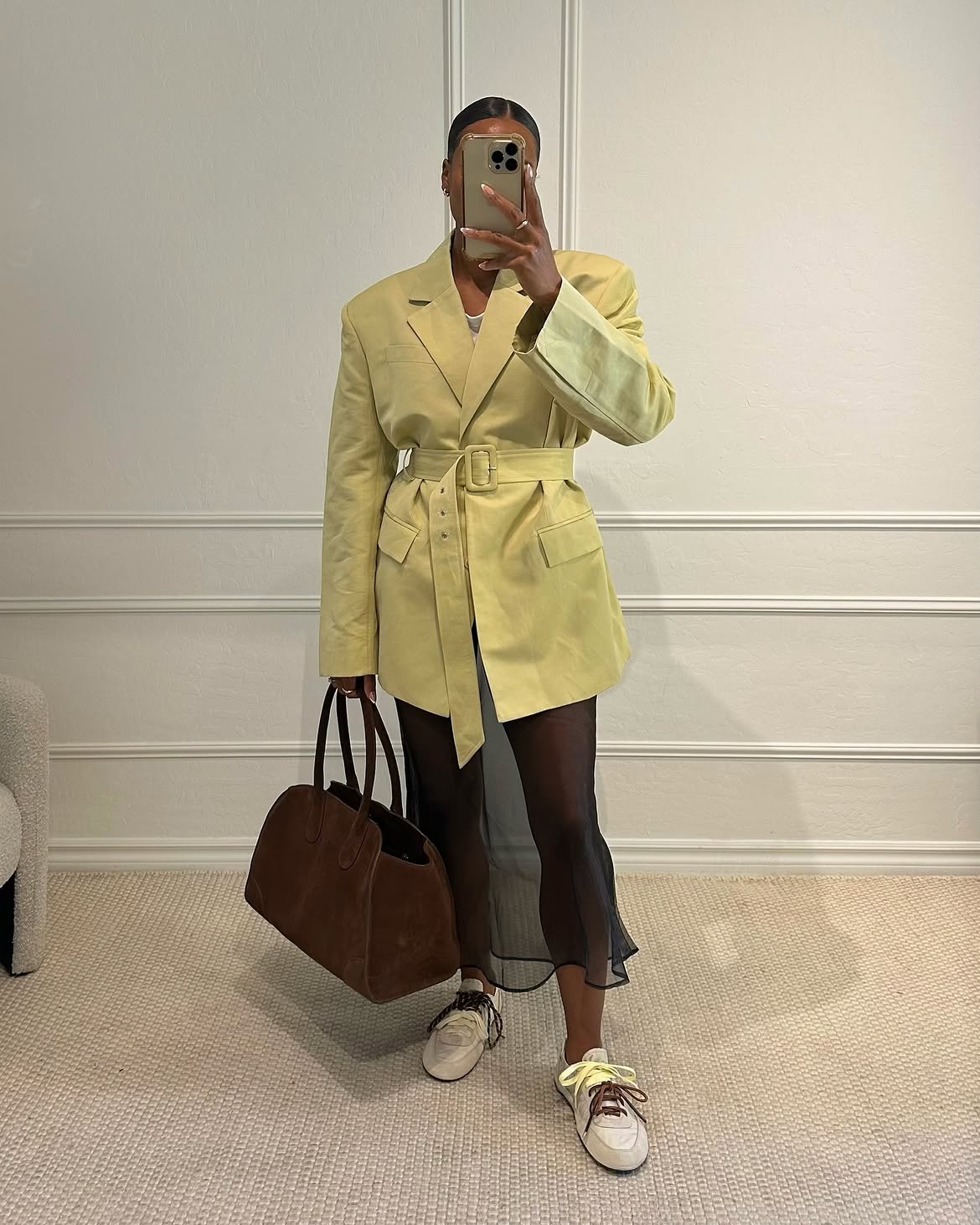 Belted Oversized Blazer Over Sheer Midi Dress