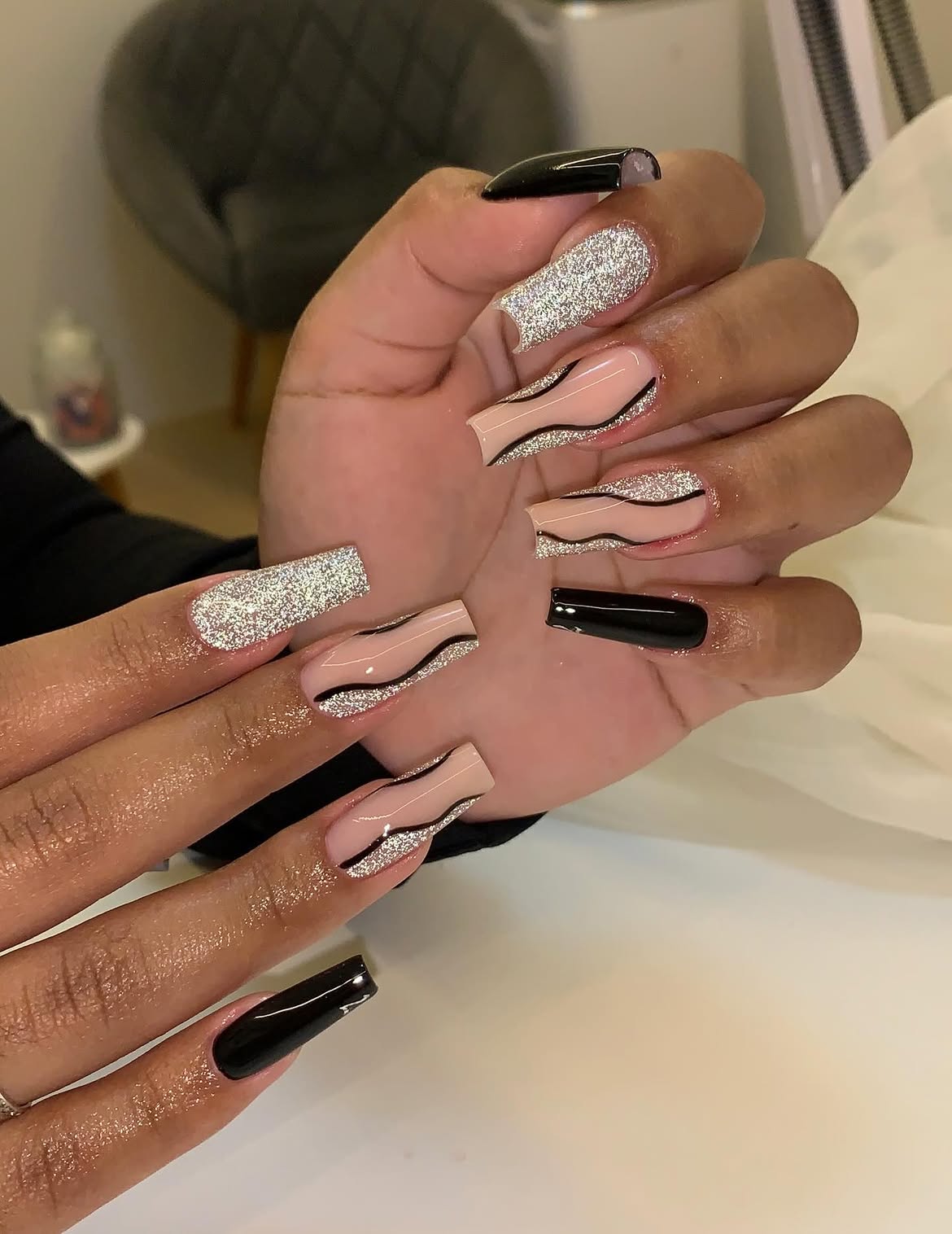 Black and Silver Glitter Swirl Coffin Nails