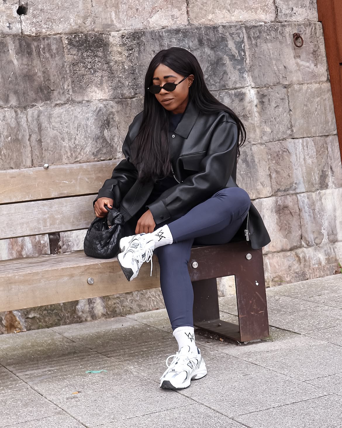 Black Faux Leather Oversized Jacket With Navy Leggings