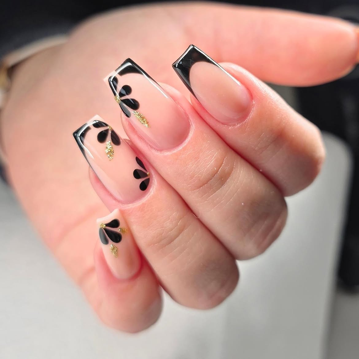 Black Floral French Tip Coffin Nails with Gold Glitter