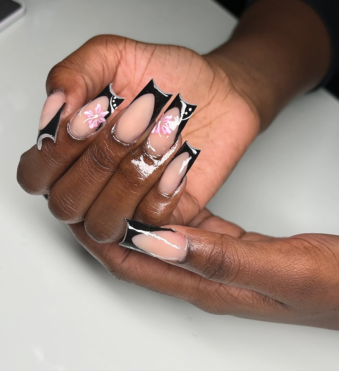 Black French Tip Coffin Nails with Floral Art