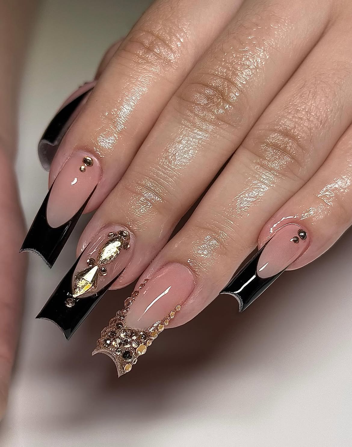 Black French Tip Coffin Nails With Glam Rhinestones