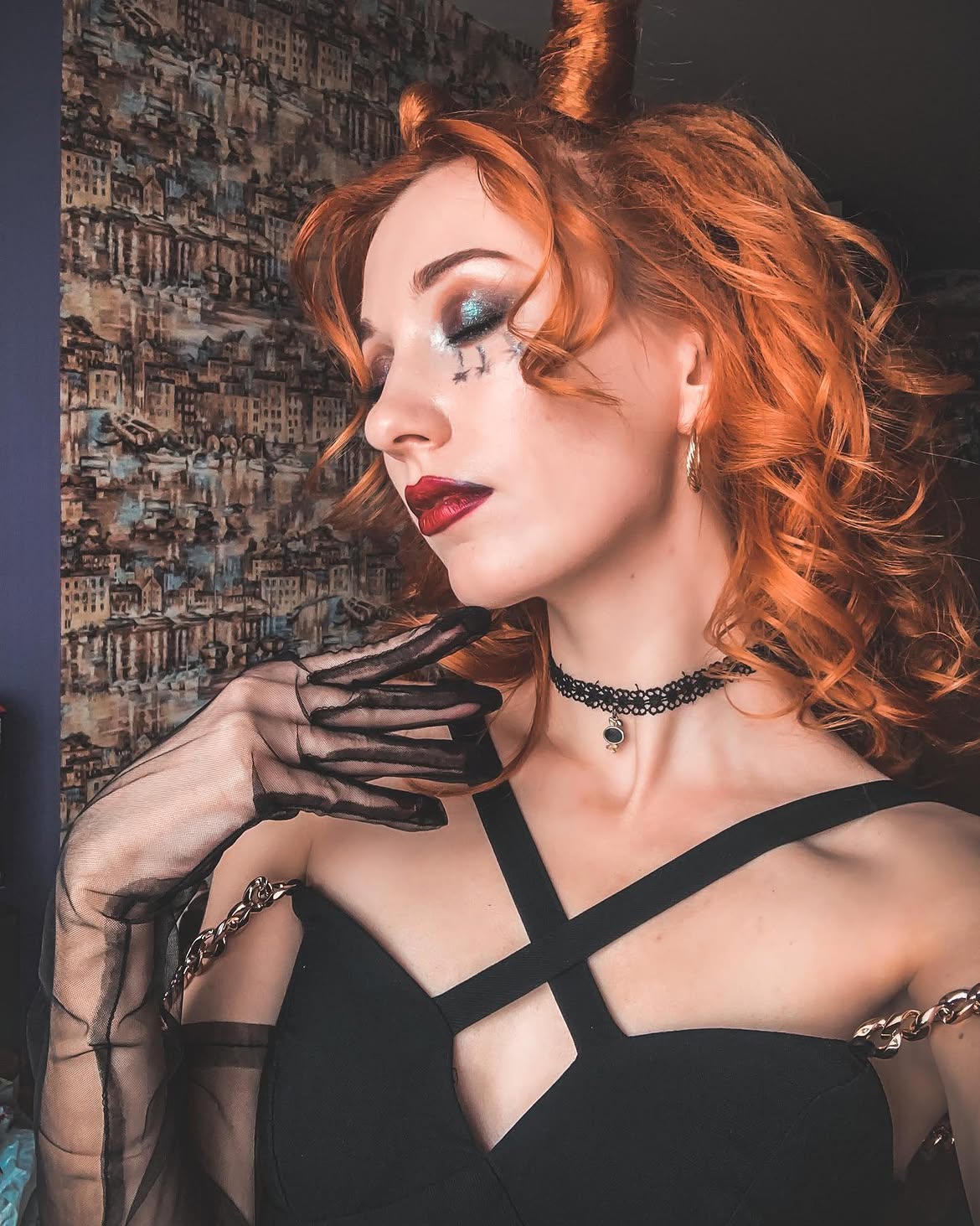 Black Goth Chic Dress With Sheer Gloves
