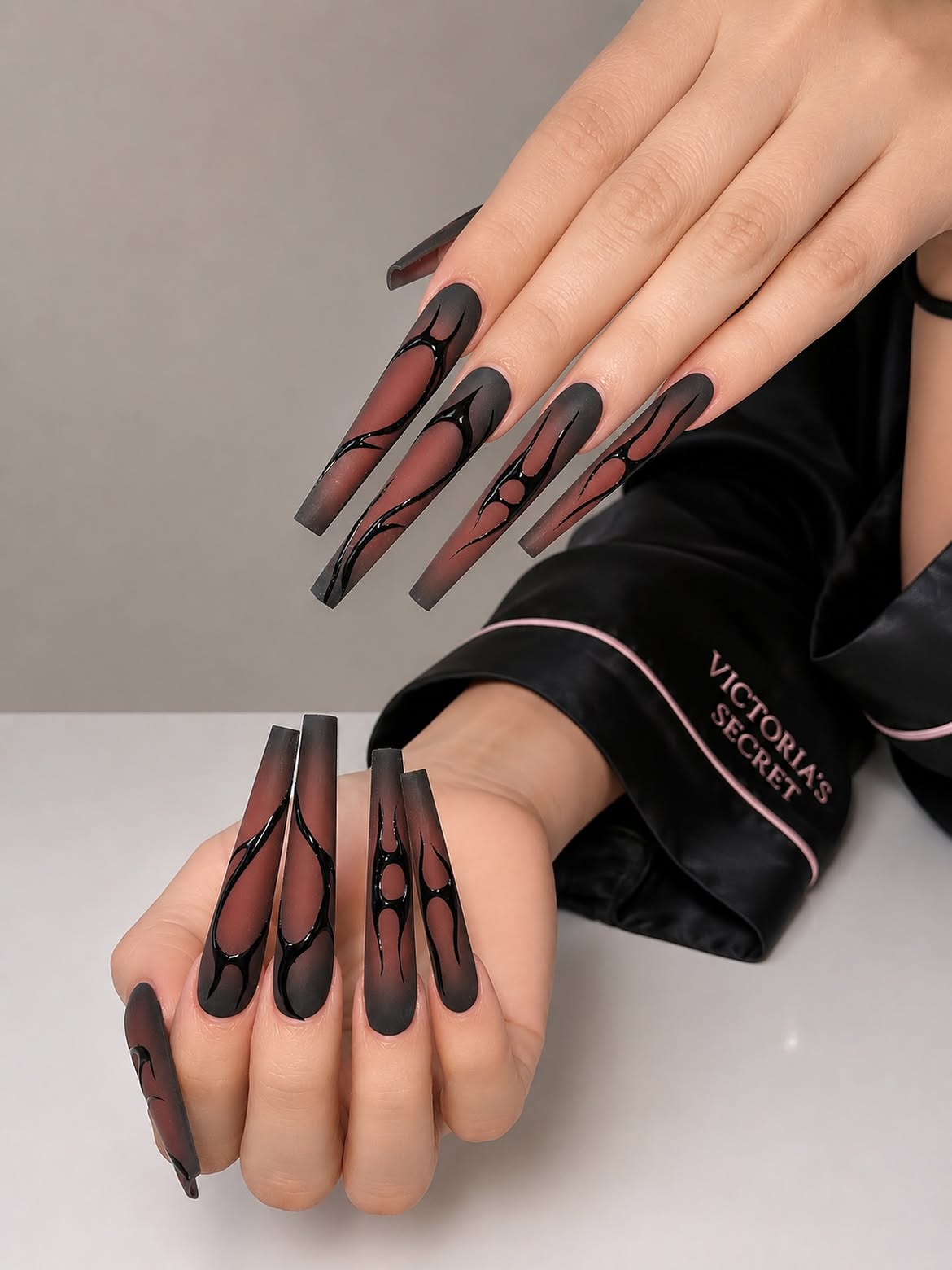 Black Matte Ombre Flame Coffin Nails