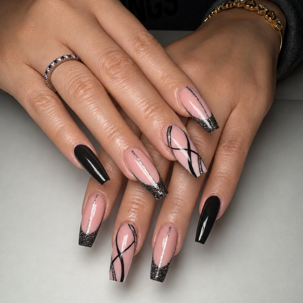 Black & Silver Glitter French Coffin Nails