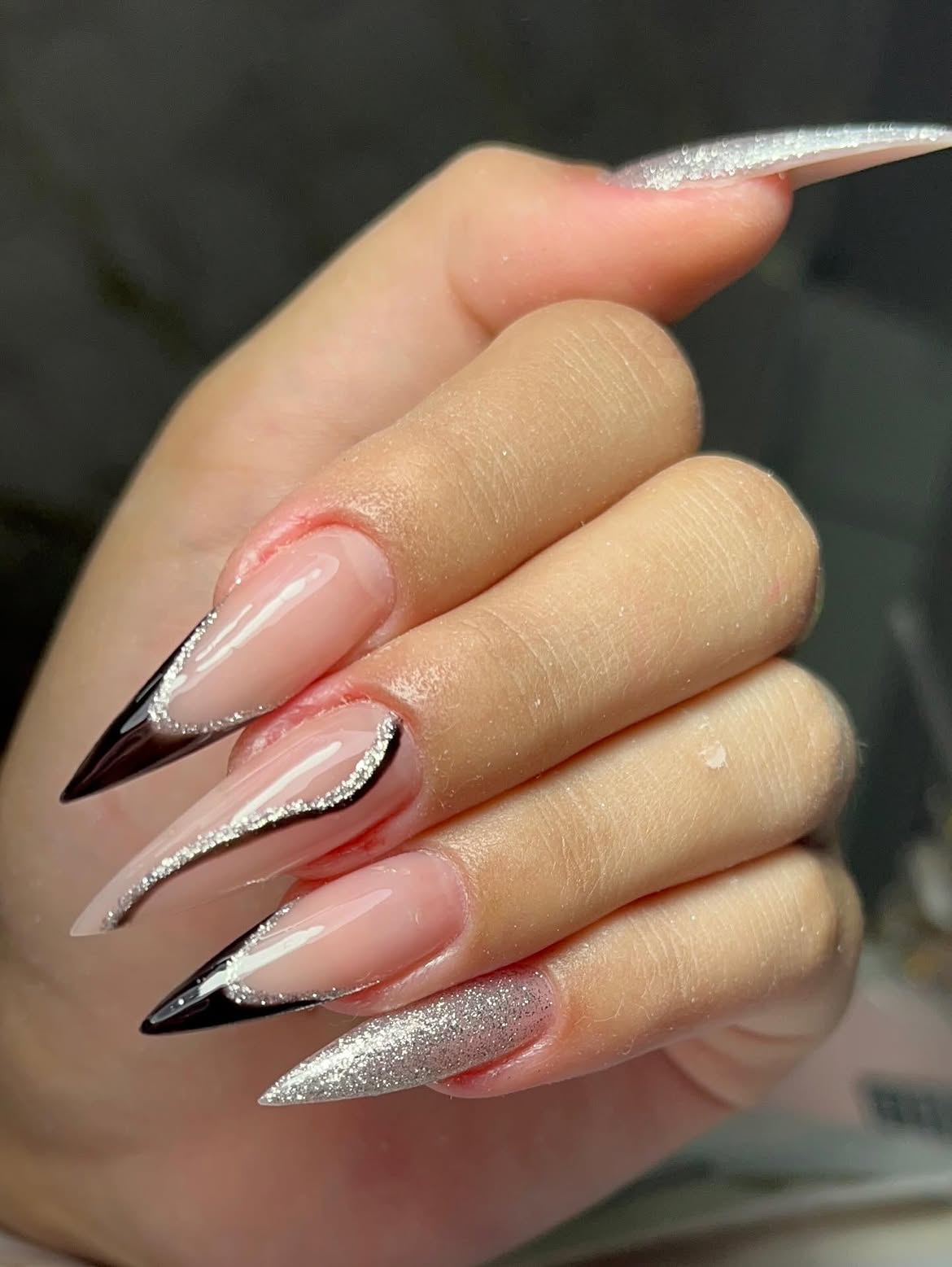 Black & Silver Glitter Stiletto French Tips