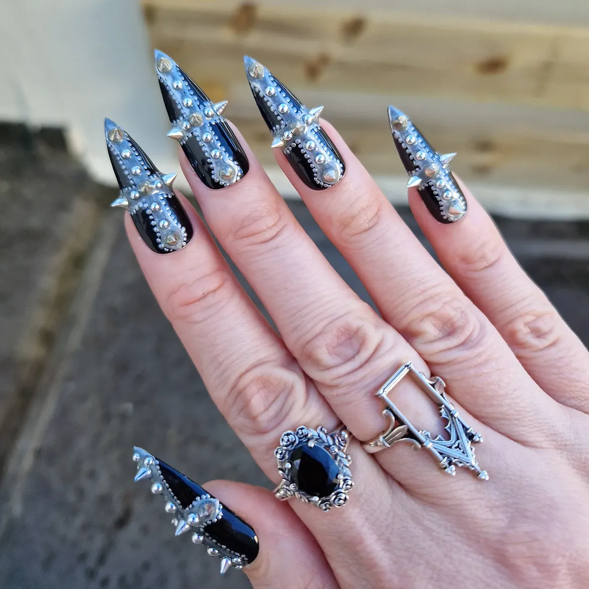 Black Stiletto Spiked Studded Nails