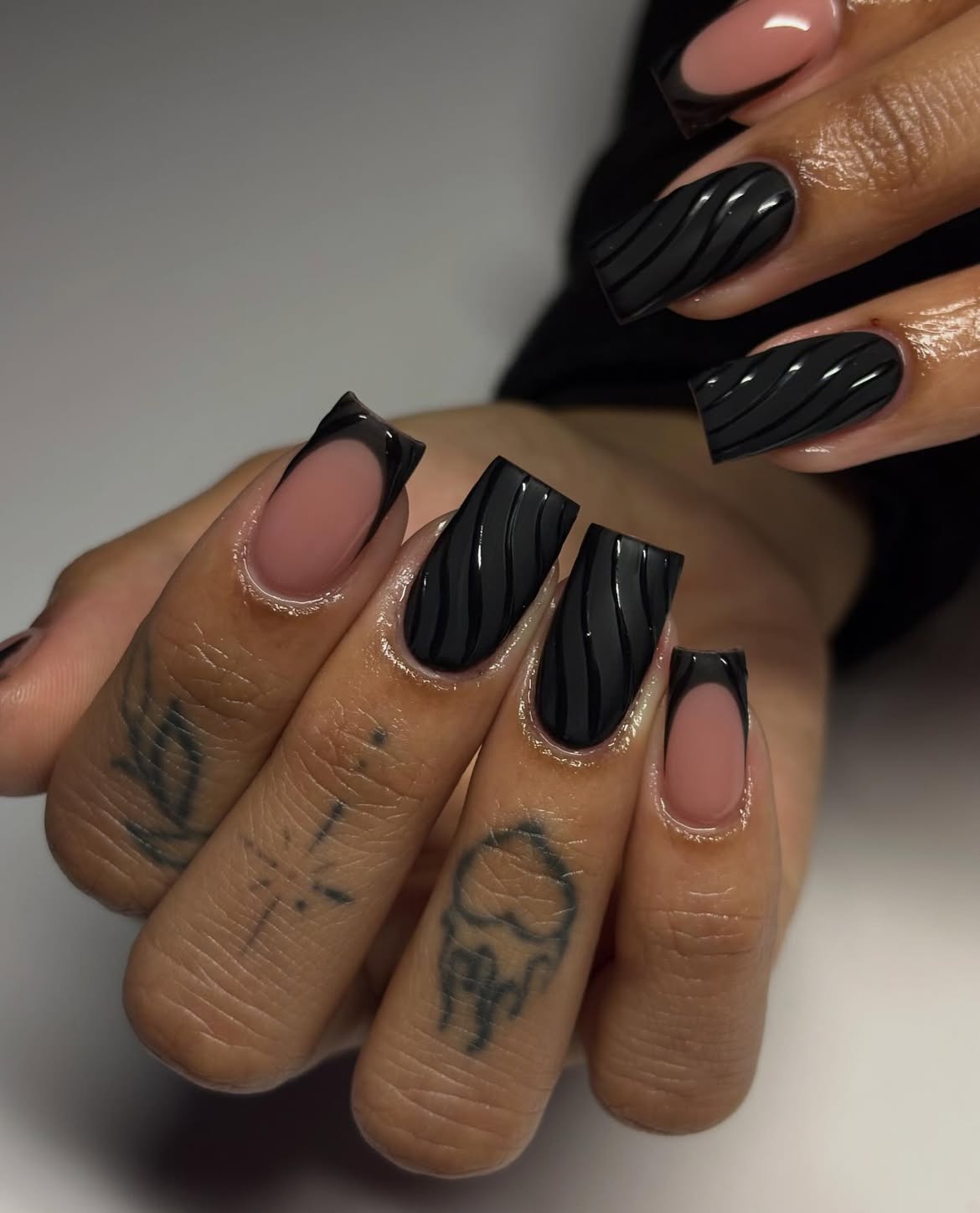 Black Swirl French Tip Square Nails