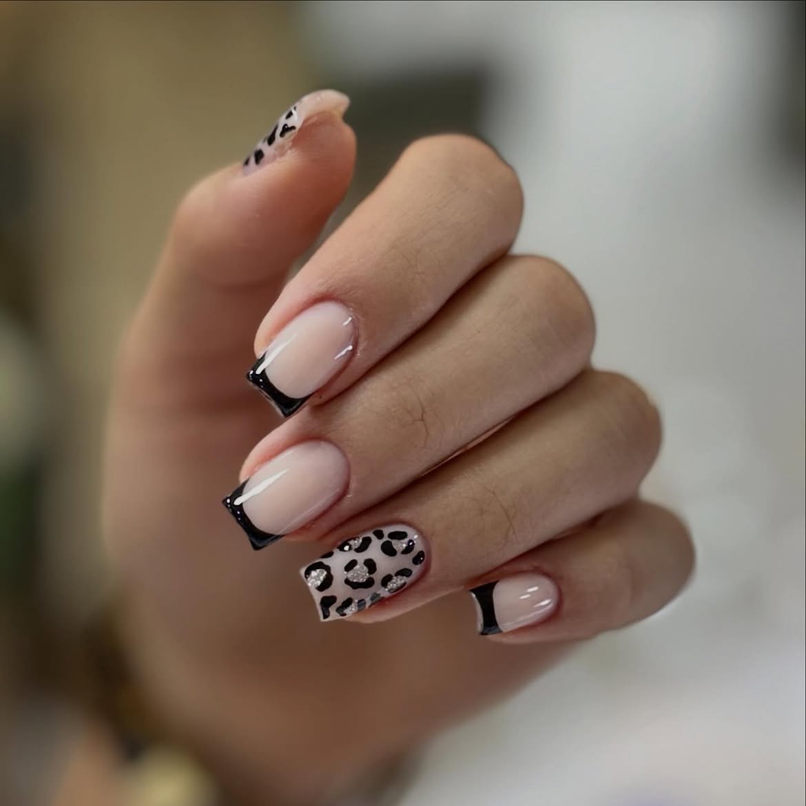 Black Tip French with Leopard Print Accents