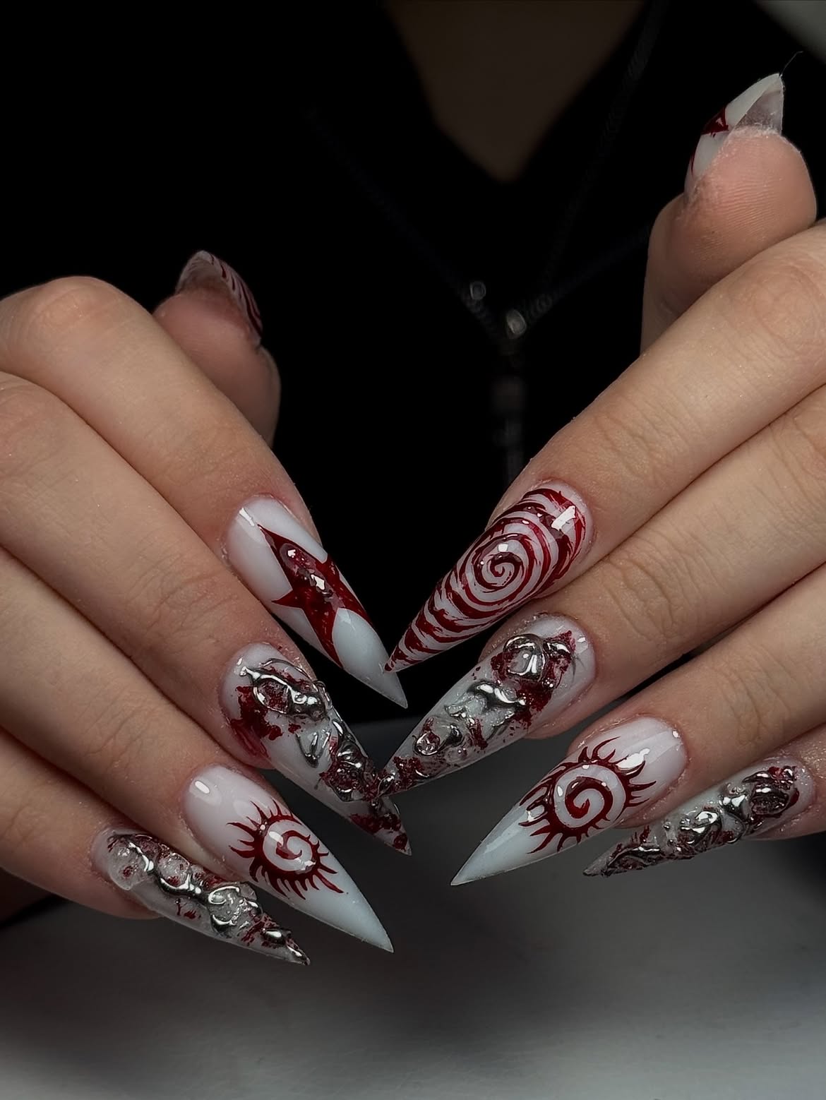 Bloody Spiral & Sun Gothic Stiletto Nails