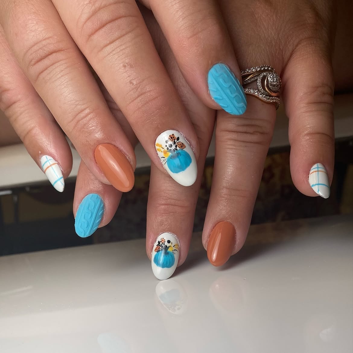 Blue Cable Knit Pumpkin Fall Almond Nails