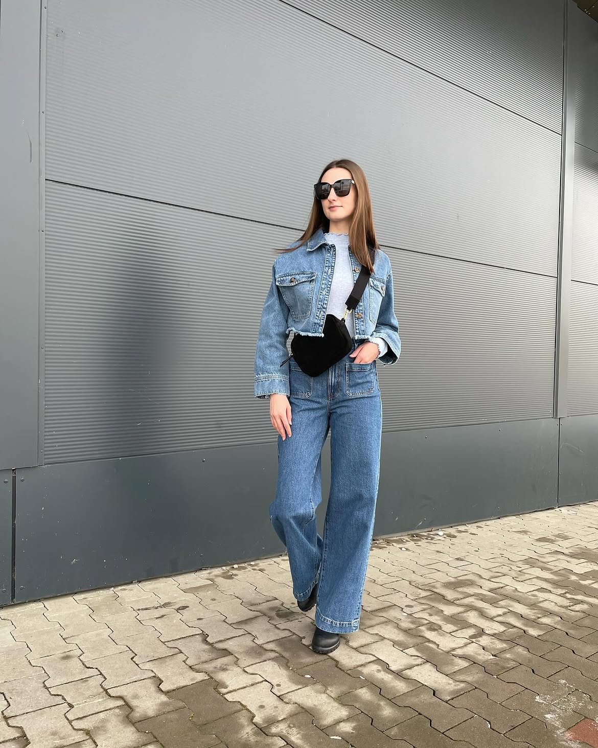 Blue Denim Jacket And Wide Leg Jeans Outfit