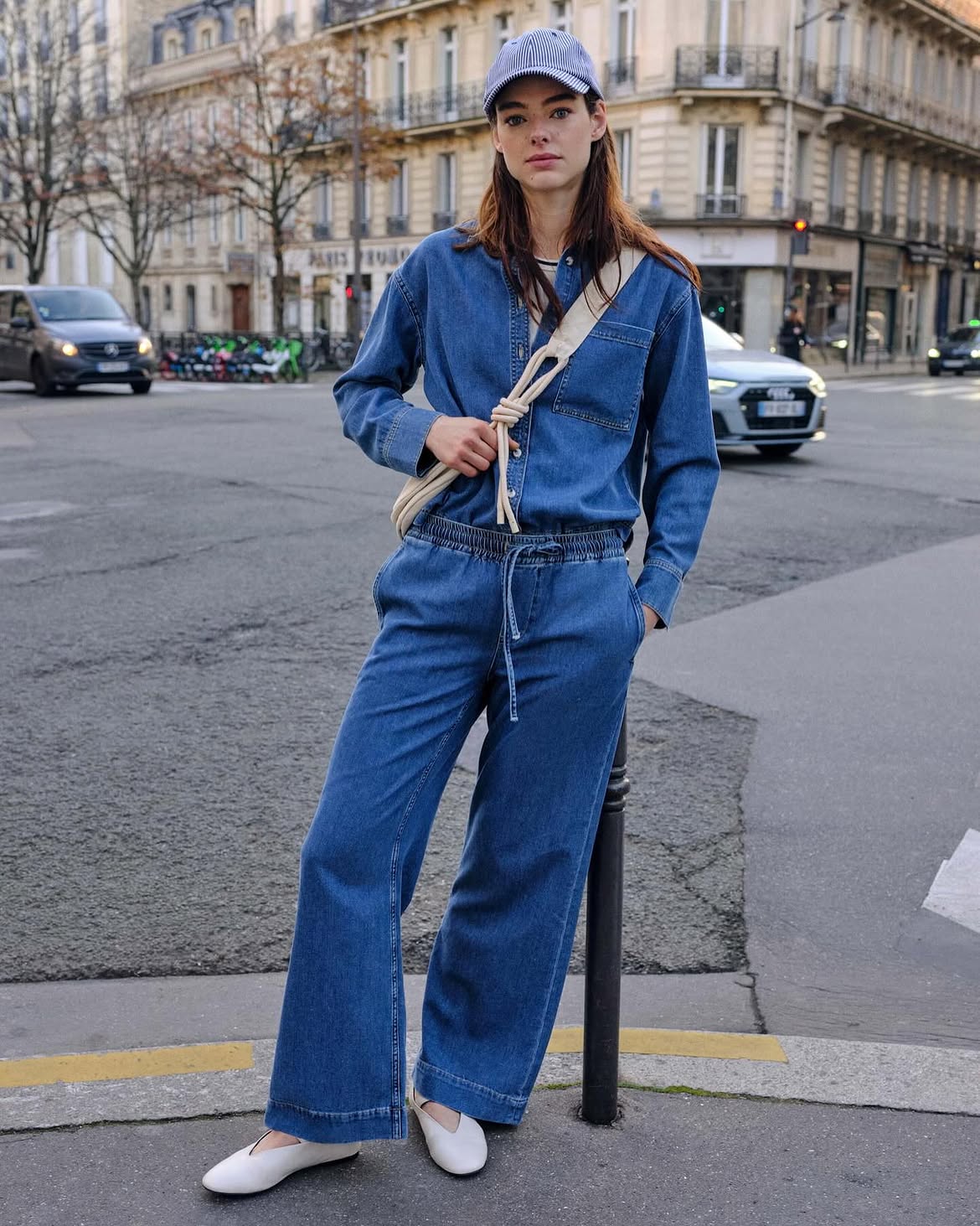 Blue Denim Jumpsuit With White Ballet Flats