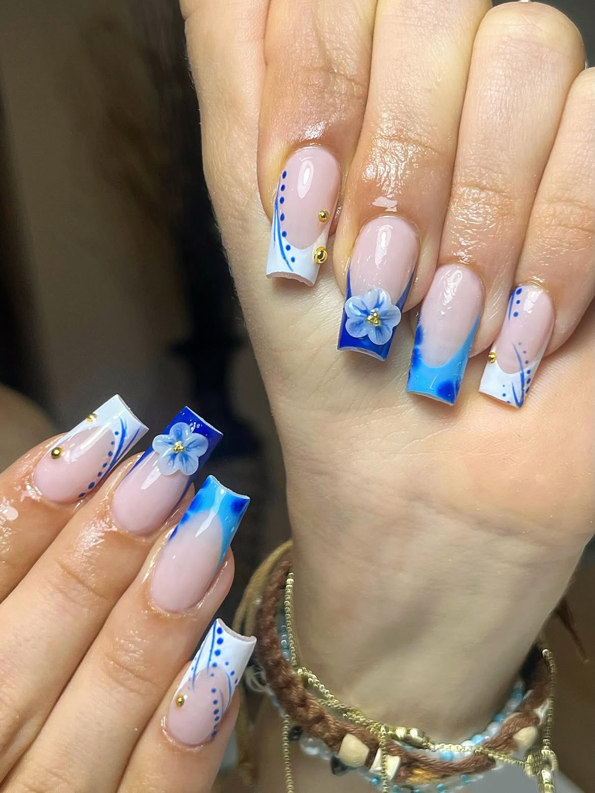 Blue Gradient French Tip With 3D Flower