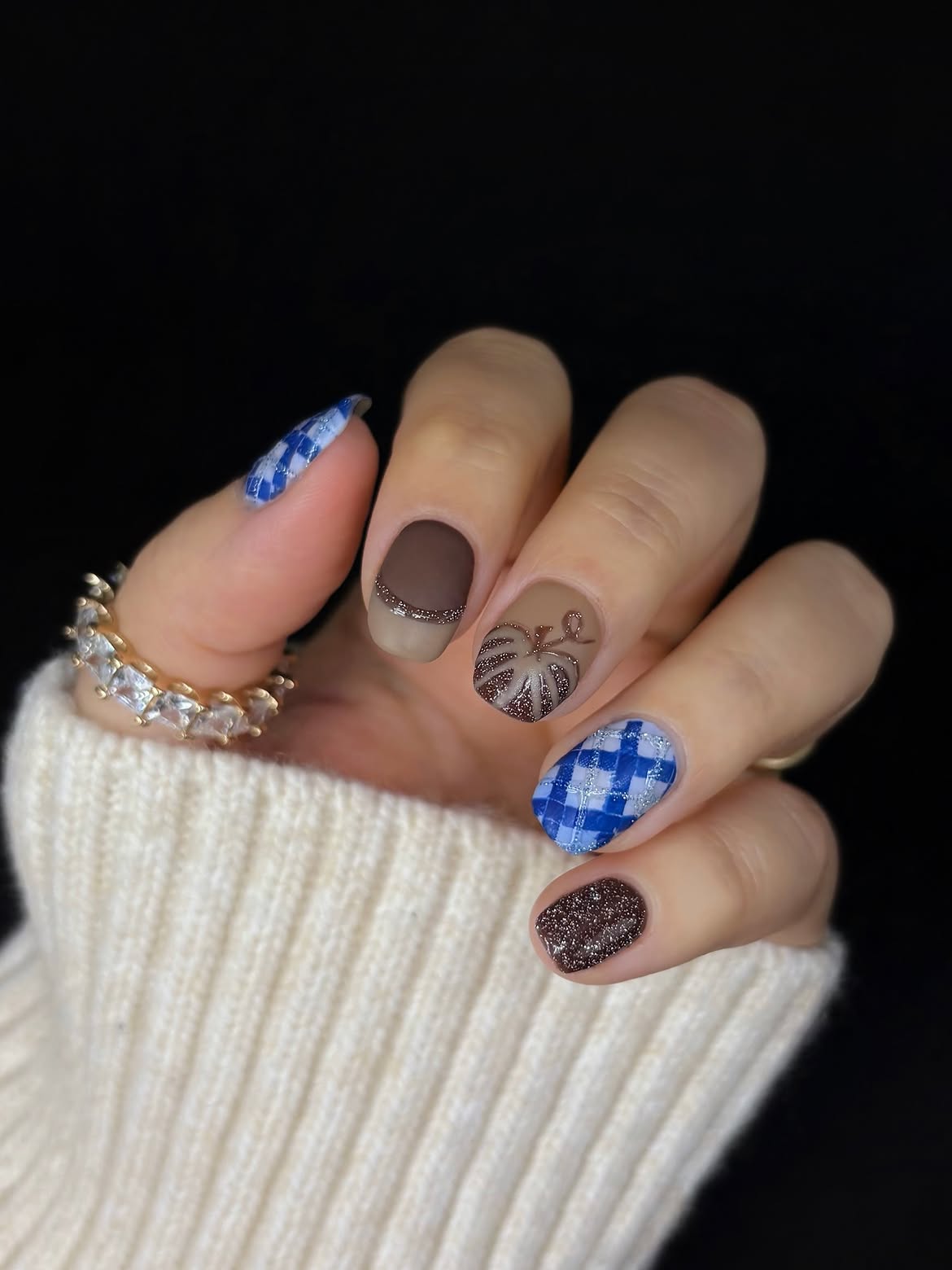 Blue Plaid Pumpkin Patch Matte Nails