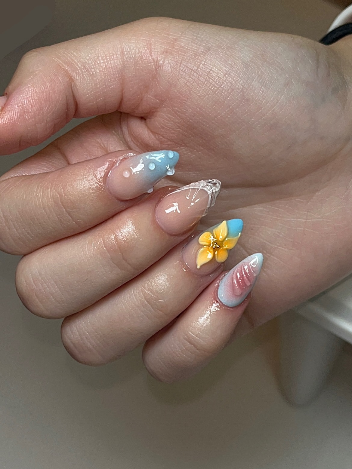 Blue Skies Ombre & 3D Flower Almond Nails