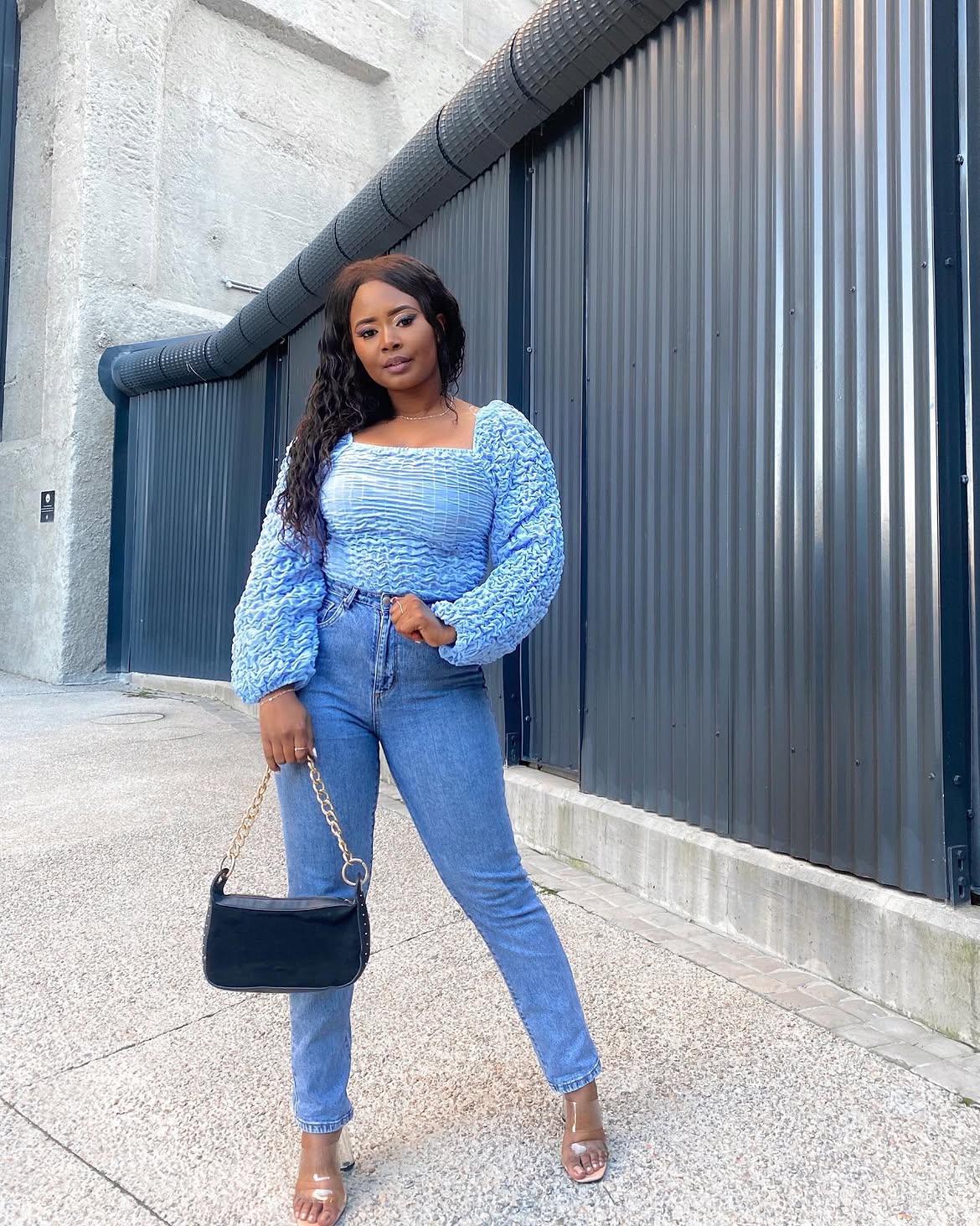 Blue Textured Square Neck Top With Light Wash Jeans