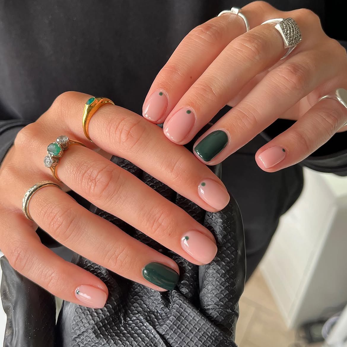 Blush and Forest Green Oval Nails with Dot Detail