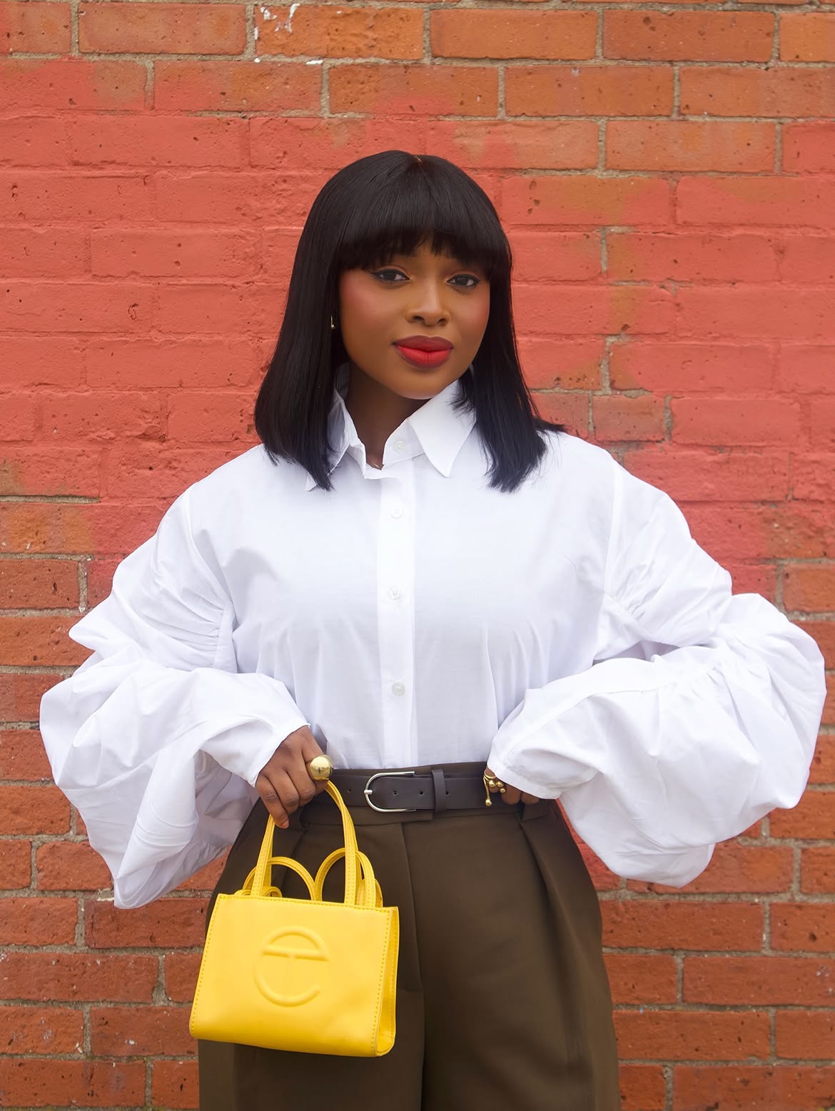Bold Balloon Sleeve Shirt With Olive Trousers
