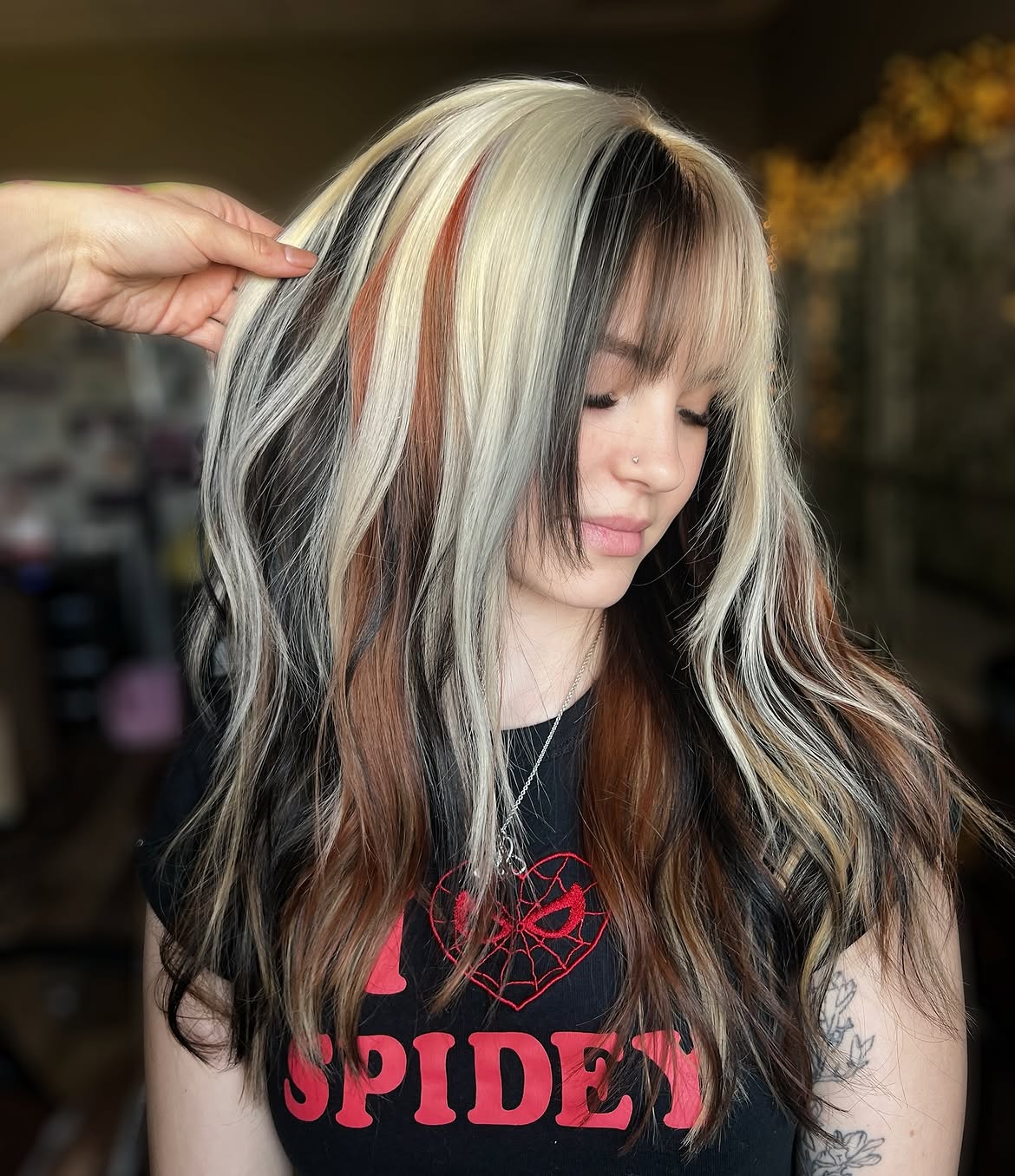 Bold Calico Chunky Highlights With Wispy Bangs