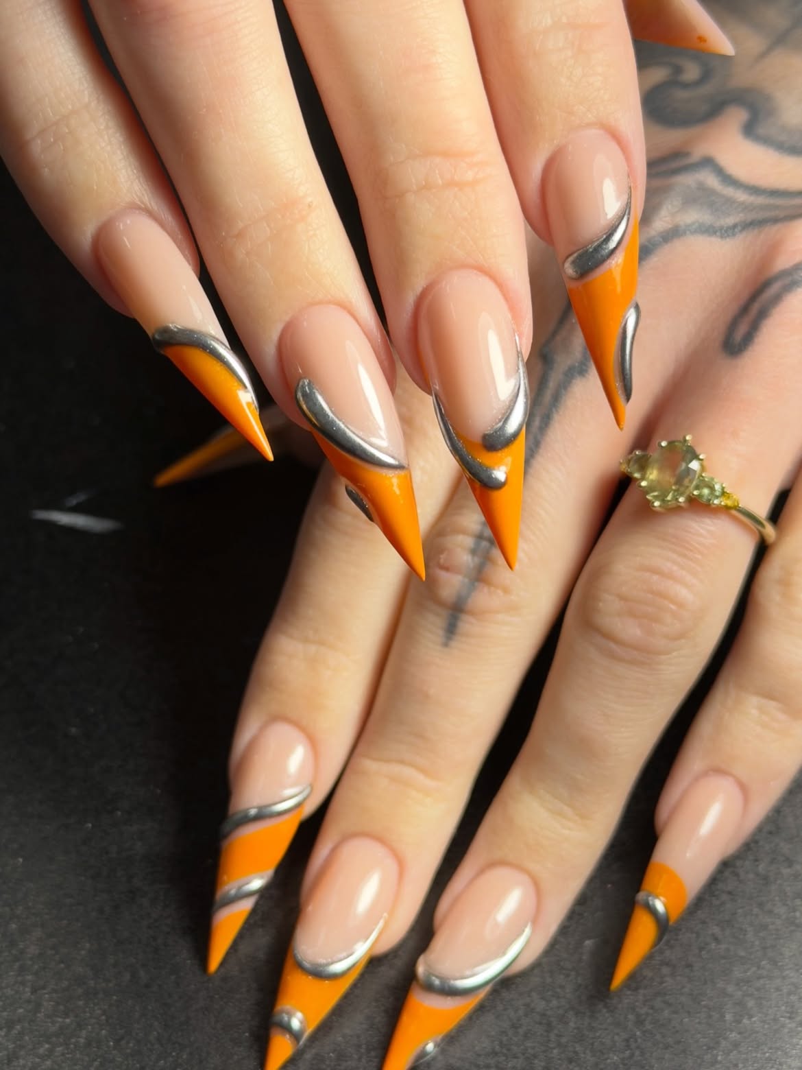 Bold Orange and Silver Chrome Stiletto French