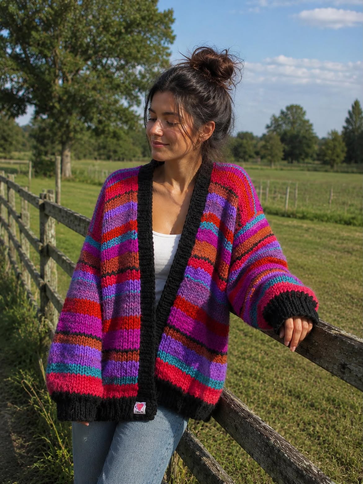 Bold Stripe Chunky Knit Cardigan With Denim