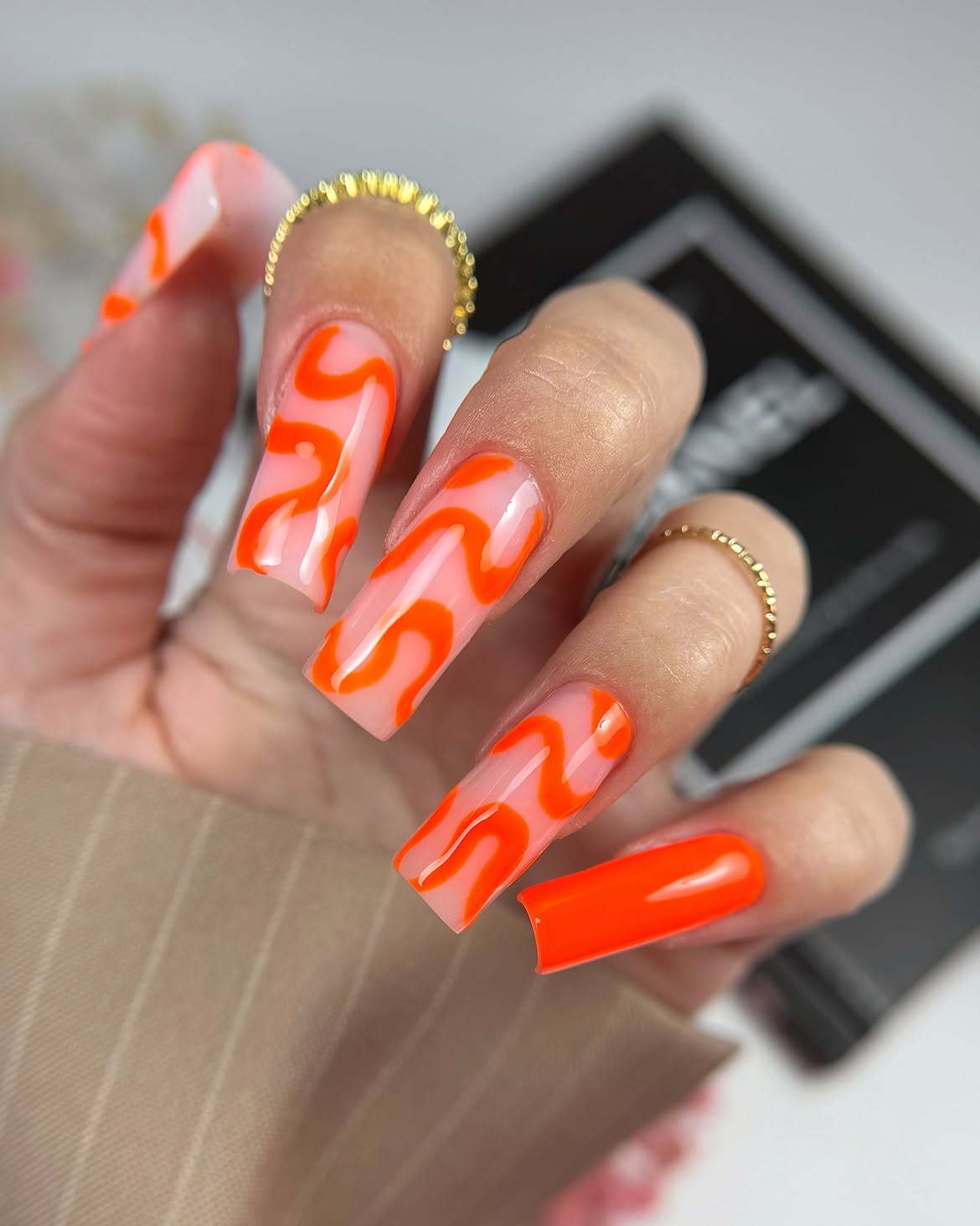 Bright Orange Abstract Swirl Long Square Nails