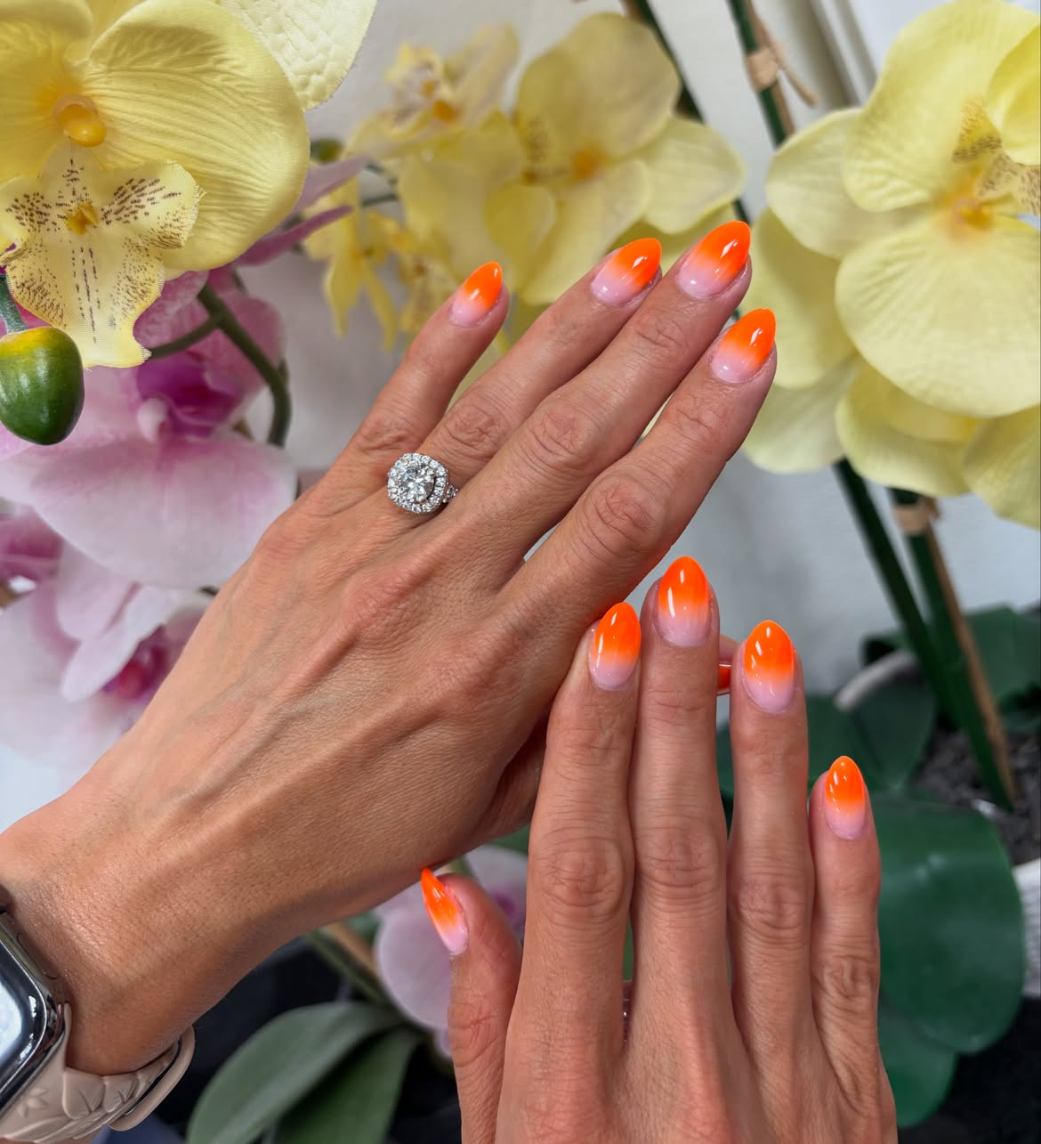 Bright Orange and Pink Ombre Almond Nails