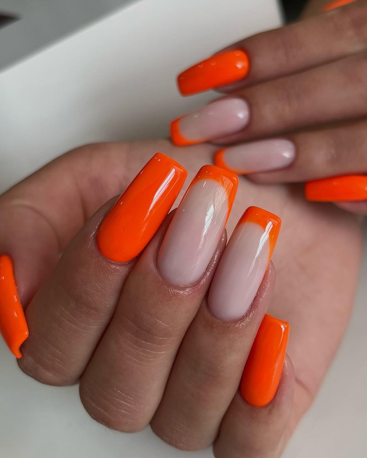 Bright Orange French Tip Square Nails