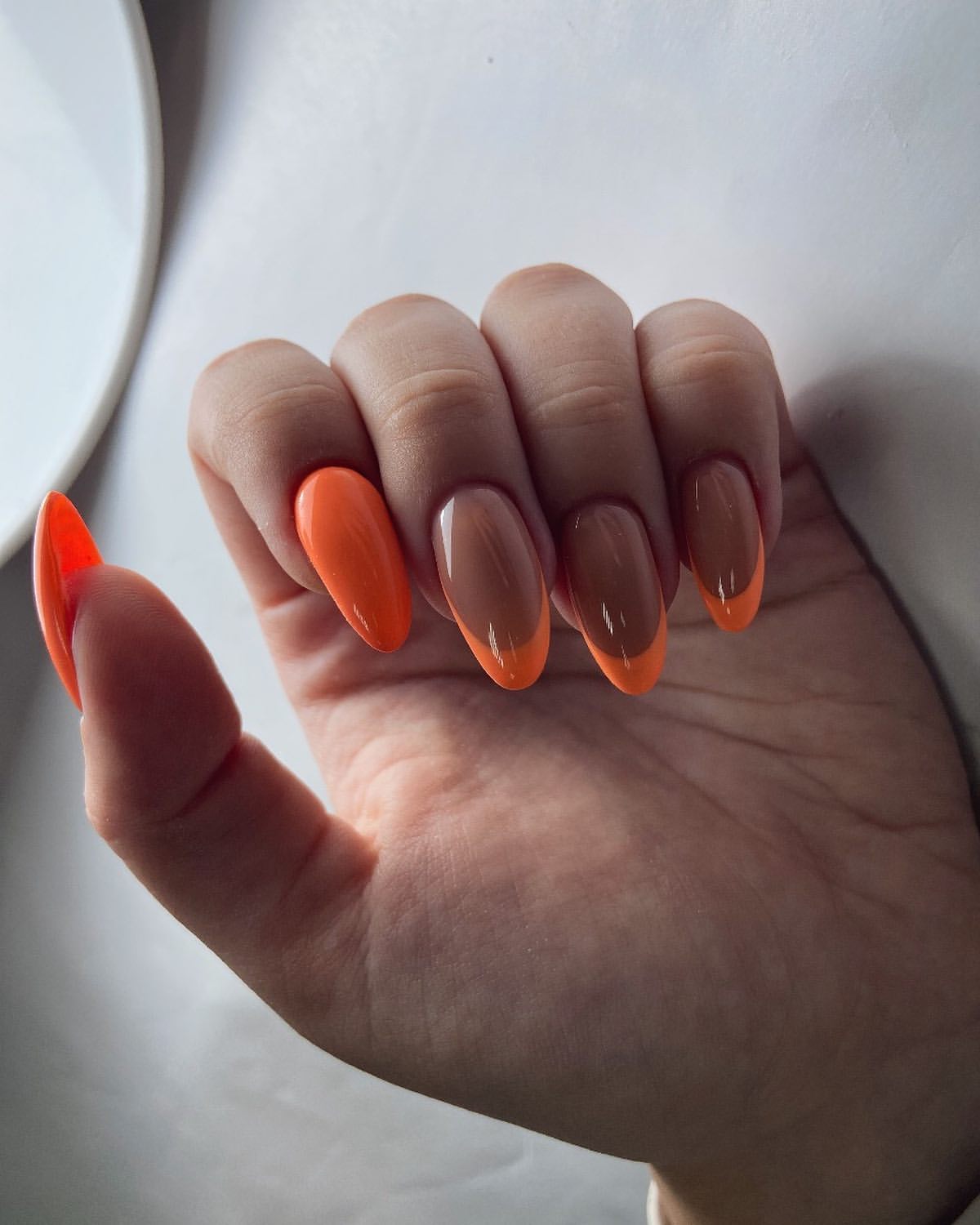 Bright Orange Half Moon French Almond Nails