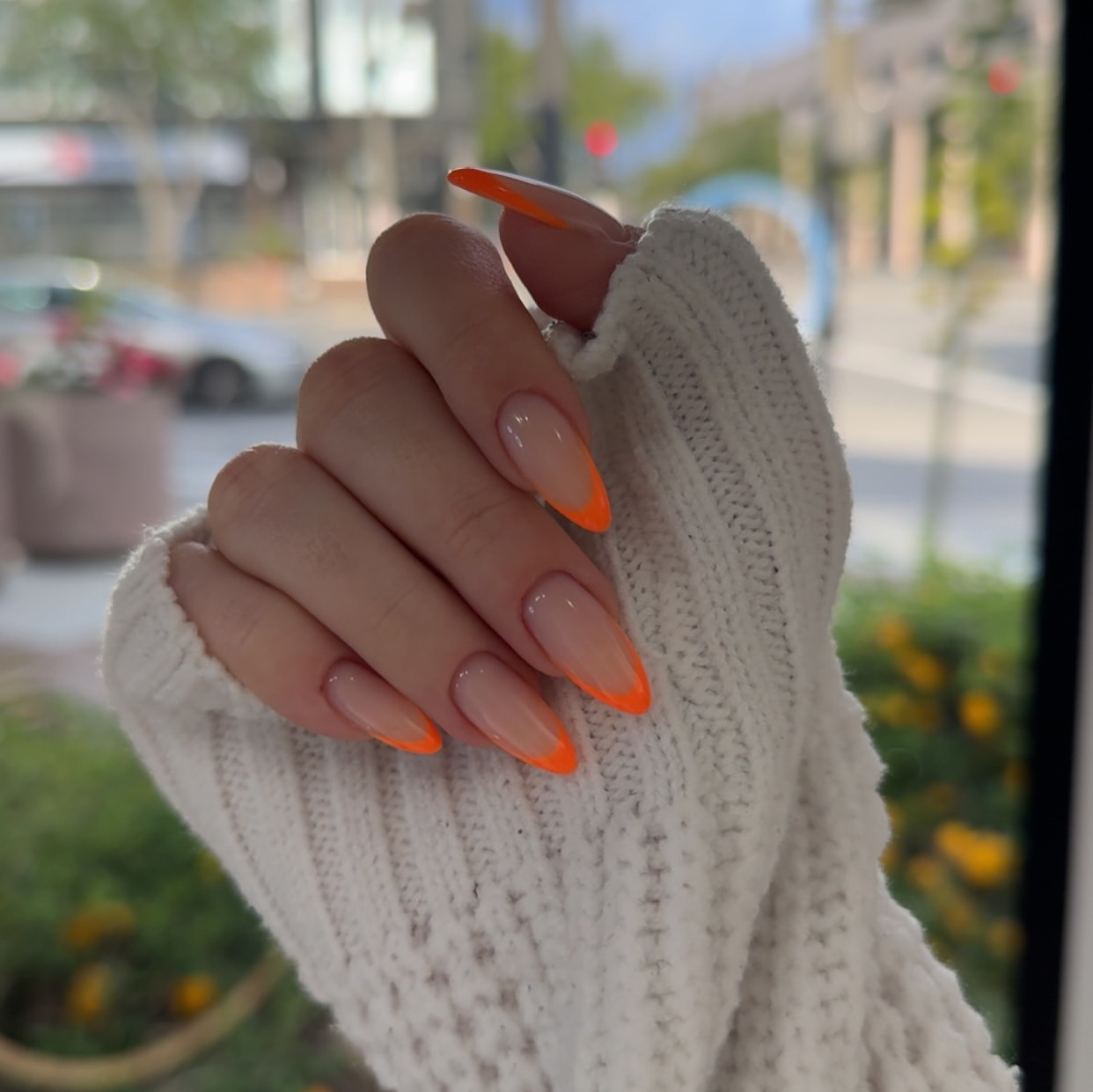 Bright Orange Tip Almond French Nails