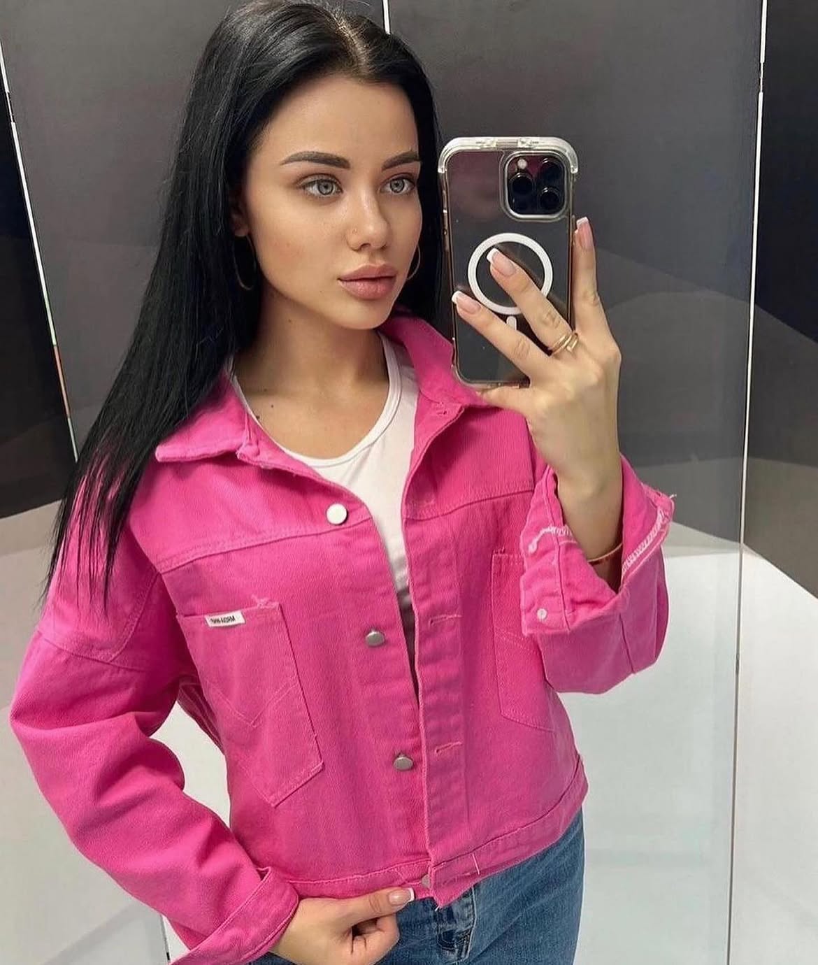 Bright Pink Denim Jacket With Blue Jeans