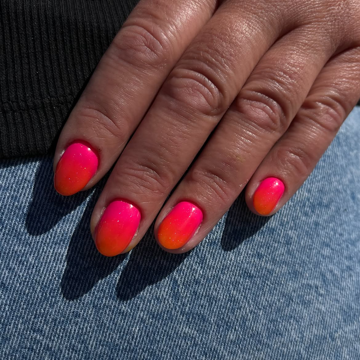 Bright Pink Orange Ombre Oval Nails