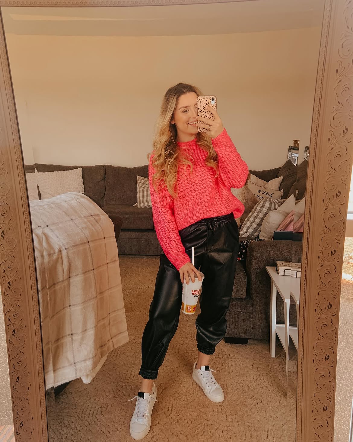 Bright Sweater With Faux Leather Joggers Outfit