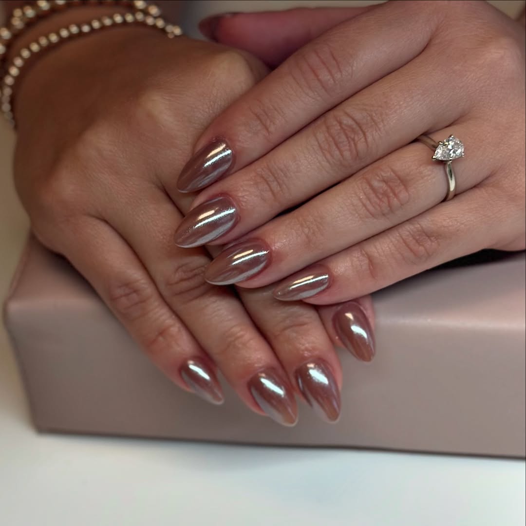 Bronzed Chrome Almond Nails