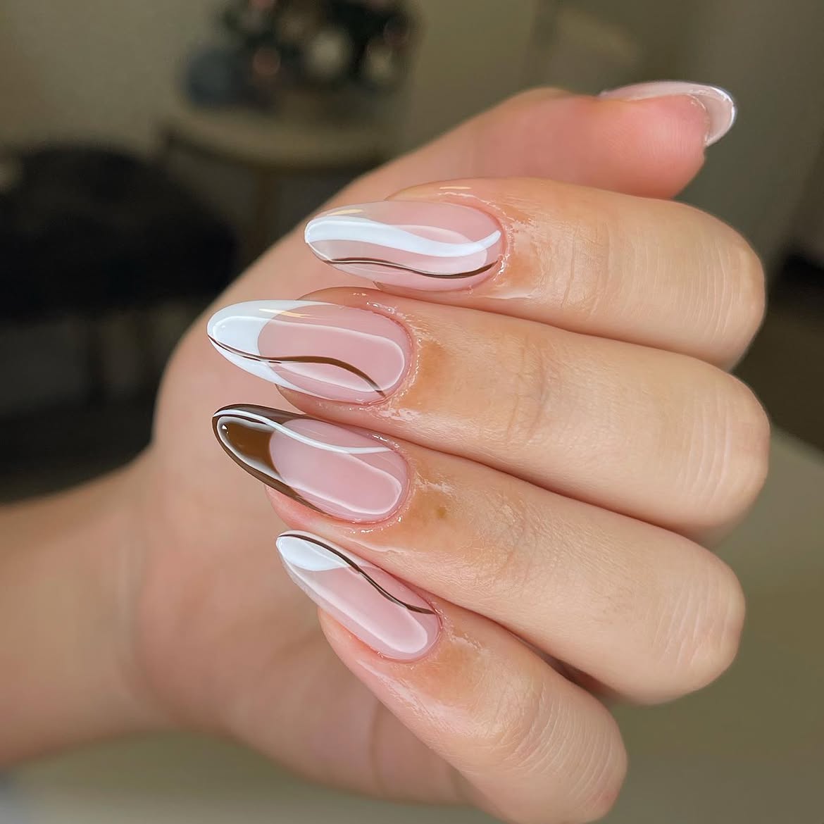 Brown and White Abstract Swirl French Tips